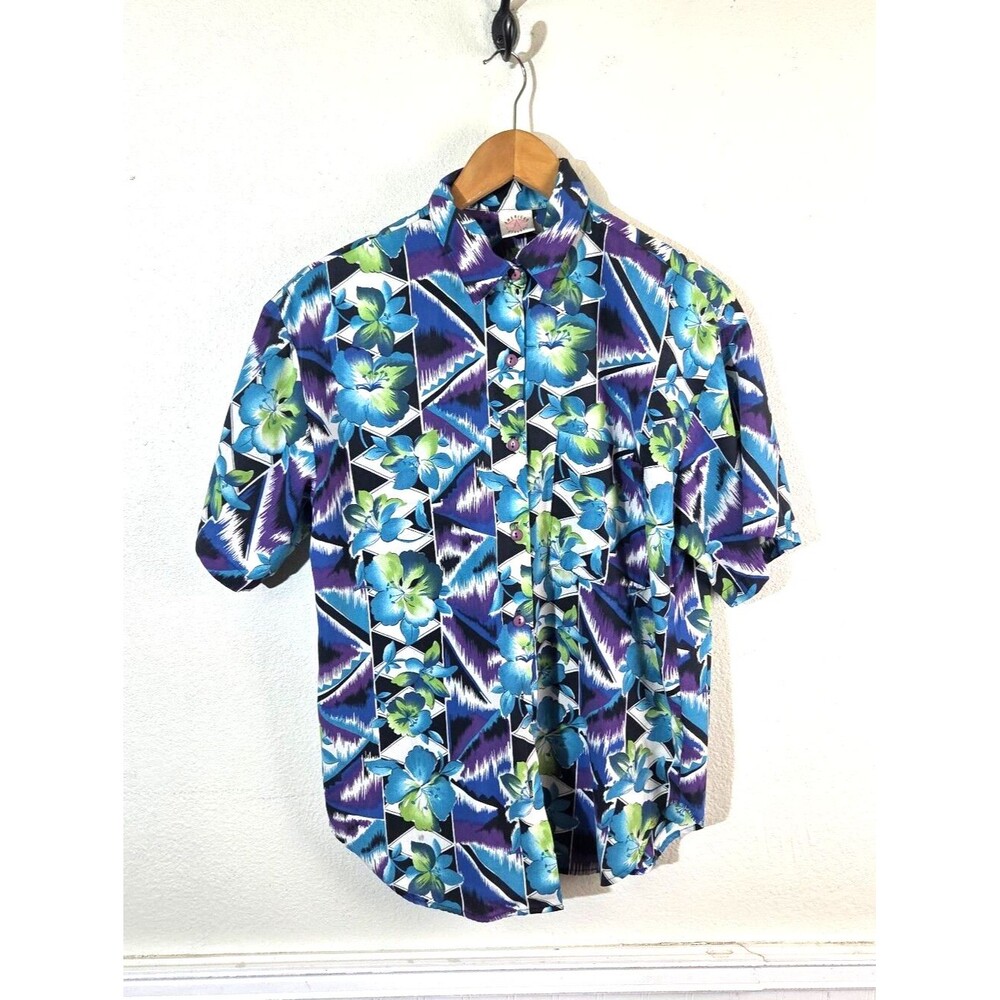 Vintage 80s American Weekend Women's Floral Geometric Button Up Shirt S Blue